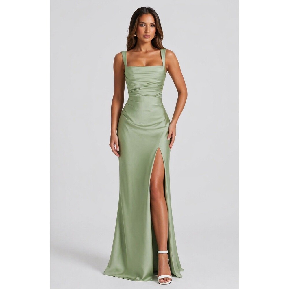 Satin Sage Green Bridesmaid Formal Prom Pleated Mermaid Dress Corset Back 4 S